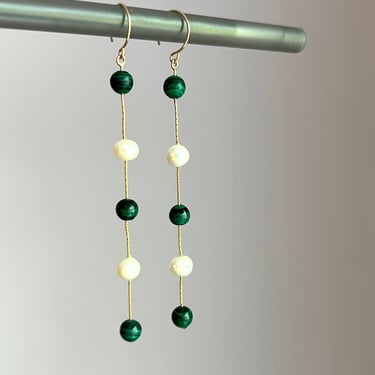 Pearl and Malachite Chain Hoop Drops Goldfill Chain Earring Drops Shoulder Dusters 