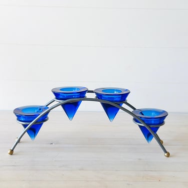 Modern Danish Metal With Conical Shaped Cobalt Blue Glass Candle Holder 5.5 Inches Tall 13.5 Inches Wide 3.5 Inches Deep 