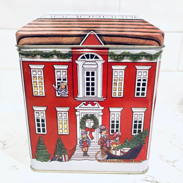 Vintage Christmas Red House Tin with Lid,  Holiday Gift Card Holder Tin by LeChalet