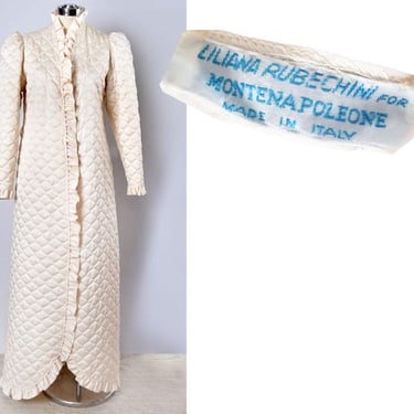 Liliana Rubechini ITALY Vintage Long Lingerie Robe Dressing Gown Quilted Designer 1950's, 1960's Ivory White, Montena Poleone 