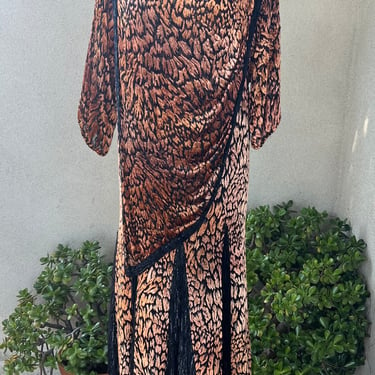 Vintage 80s glam dress silk velvet brown black animal print with shawl attached Sz XL By Diane Freis 