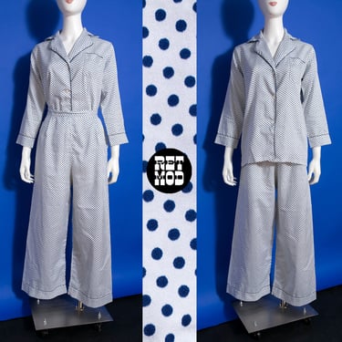 Fun Vintage 50s 60s White & Blue Polka Dot Pajamas Pants Set 