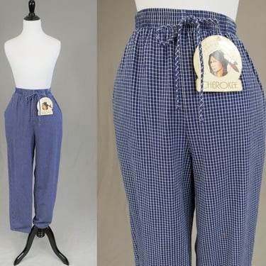 90s Deadstock NWT Checkered Pants - Pull On High Rise - Blue & White Cotton - Cherokee made in USA - Vintage 1990s - M L 