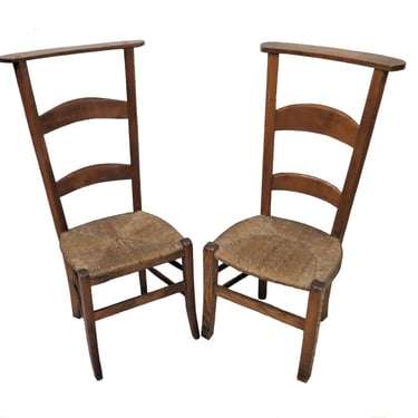 2 Antique French Prayer Chairs With Woven Rush Seats 