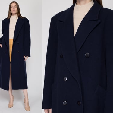 XL Vintage Pendleton Navy Blue Wool Overcoat | 80s Minimalist Double Breasted Long Winter Coat 