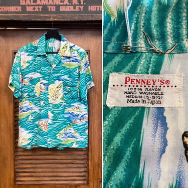Vintage 1950’s “Penney's” Tiki Flying Fish Tropical Island Natives Rayon Hawaiian Shirt, 50’s Vintage Clothing 
