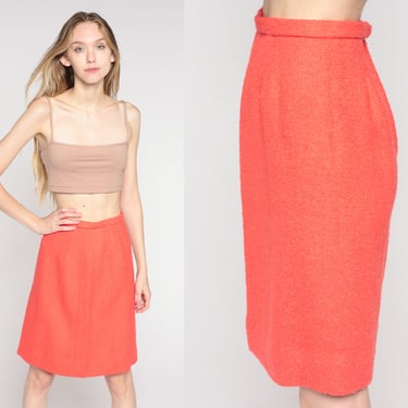 60s Salmon Skirt Wool Blend Mini Skirt Pink-Orange High Waisted Preppy Pencil Retro Professional Basic Chic Secretary Vintage 1960s 2xs xxs 