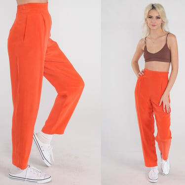 Orange Silk Pants 90s Tapered Trousers High Waisted Rise Pleated Summer Slacks Retro Boho Simple Basic Light Vintage 1990s Extra Small XS 