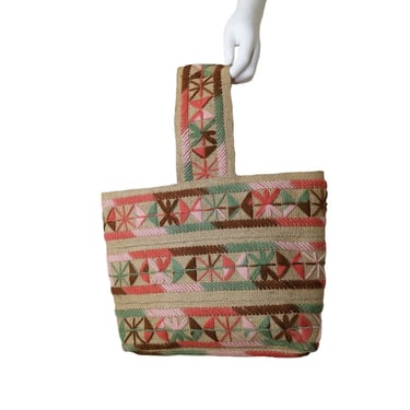 Vintage Embroidered Burlap Bag / 1970s Crewel Embroidery Jute Tote Bag / Small Boho Hippie Woven Hand Bag 
