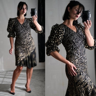 Vintage 70s JUDY HORNBY COUTURE Black & Metallic Gold Bias Cut Silk Zebra Print Dress | Made in France | 100% Silk | 1970s Designer Dress 