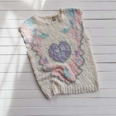 white sweater vest | 80s vintage pastel pink purple lavender heart cute cottagecore short sleeveless sweater 
