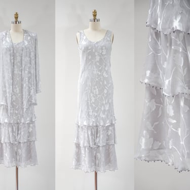 silk bias cut dress | 90s 20s style vintage sheer silver gray devoré burnout beaded tiered ruffled slip dress evening gown 