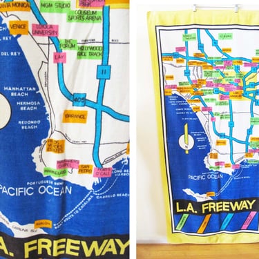 Vintage LA Freeway Novelty Beach Pool Towel - 1980s Large Los Angeles California Highway Map Terrycloth Towel 