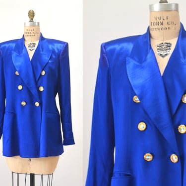Vintage 80s 90s Cobalt Blue Satin Suit Jacket Blazer 90s Blue Barbie Power Suit Medium Large Rhinestone Buttons// 90s Glam Jacket  Criscione 