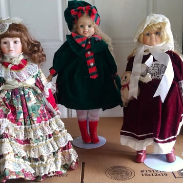 VINTAGE Porcelain Christmas Dolls  Shabby Chic Decor, Set of 3 