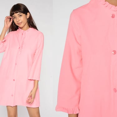 70s Lounge Dress Mini Pink Fleece Pajama Dress Long Sleeve Loungewear Boho Hippie Ruffle 60s Nightie 1970s Button Up Vintage Medium Large 