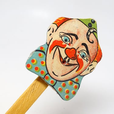 Vintage German Halloween Clown Face Squeaker Noise Maker, Paper Lithograph on Cardboard, Wood Handle 