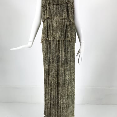 Mary McFadden Gold Metallic Jacquard Pleated Tiered Maxi dress 1970s