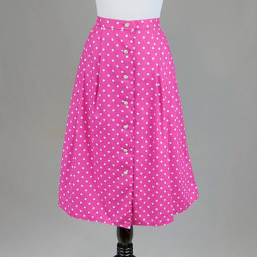 80s Pleated Polka Dot Skirt - Pink w/ White Polkadots - Cotton - Long Slits - Button Front - Robbie Sport Petite - Vintage 1980s - M 