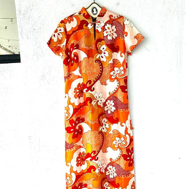 Vintage 60s 70s Hawaiian Bright Orange Floral Cheongsam Dress 1960s 1970s Asian Hawaii Muumuu Qipao 