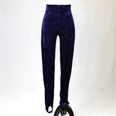 80s 90s Express Velour Stirrup Leggings - Ribbed Stretchy Knit Pants - Navy Blue - Vintage 1980s 1990s - Size M Medium 