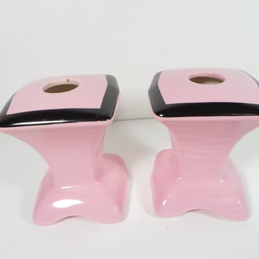 Vintage Pink Ceramic Black Band Pottery Candle Holders - Pink Art Deco Candle Holders 