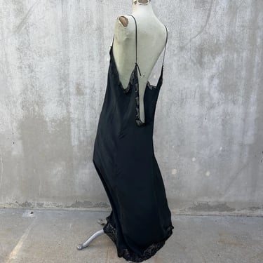 Vintage 1930s Black Crepe Silk & Floral Lace Slip Dress Full Length  Floral Lace