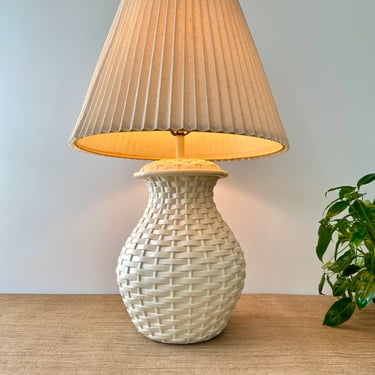 Vintage White Woven Ceramic Table Lamp With Shade - Basket Weave Style 