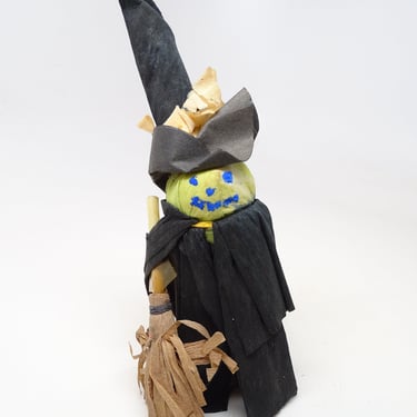 Antique 1930's Hand Made Crepe Paper Halloween Witch with Hat & Broom, Vintage from Maine Estate 