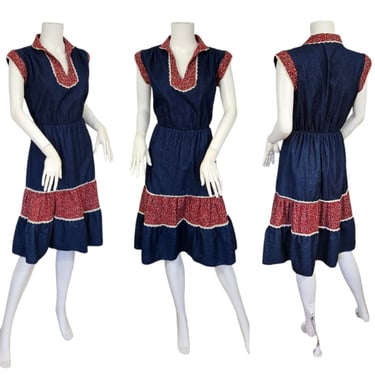 Eber 1970's Blue Denim Red Calico Prairie Dress I Sz med 