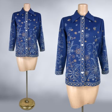 VINTAGE 60s 70s Flower Power Screen Print Collared Shirt M/L | 1970s Disco Printed Blue Blouse | Polyester Tunic Top | VFG 