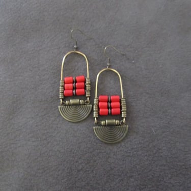 Orange magnesite stone and bronze, ethnic statement earrings, bold earrings, bohemian boho chic earrings 