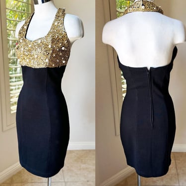 80's Rampage Gold Beaded & Black Bandage Evening Dress MEDIUM Wiggle Tight Party Dress Vintage Sexy 1980s 