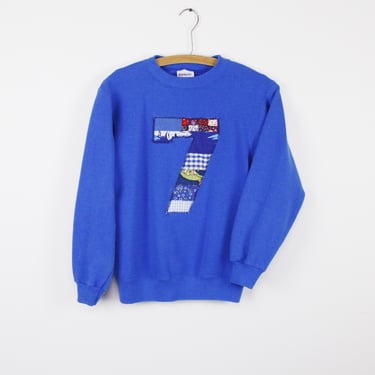 Vintage 80's sweatshirt, Blue Hanes, Super Soft, Handmade quilted number 7 - Small 