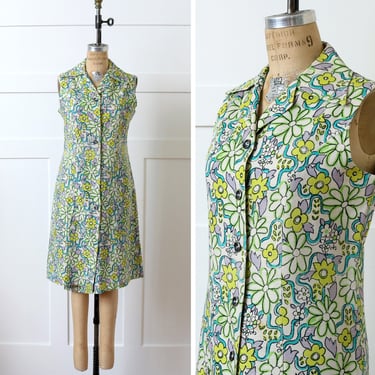vintage 1960s mod floral shift dress • woven linen painted daisies sleeveless dress 