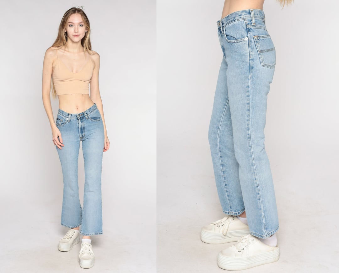 1970's Bell Bottom Jeans / Haute Hippie Denim / Lace up Sides Bell Bottoms  / Stage Wear / Cropped Flare Jeans / Mid Rise Medium Wash Jeans -   Canada