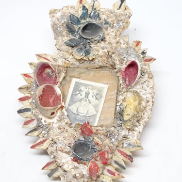 Antique Shell Tramp Art Frame with  Our Lady of San Juan, Vintage Religious Mexican Folk Art 