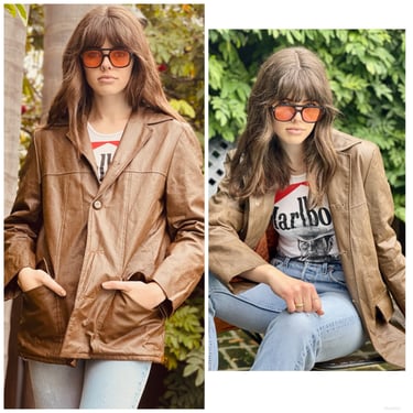 70s Brown Leather Unisex Jacket Coat Boho Rocker S M L 