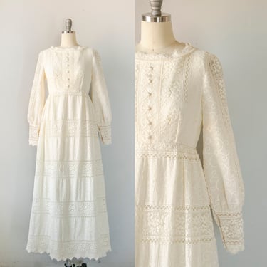 1960s Maxi Dress Emma Domb Wedding Gown Lace S 