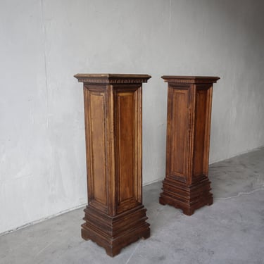 Pair of Vintage Architectural Craftsman Carved Wood Pedestals 