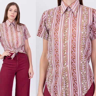 70s Marlboro Baroque Striped Button Up Shirt - Unisex Small | Vintage Purple Short Sleeve Pointed Collar Hippie Print Top 