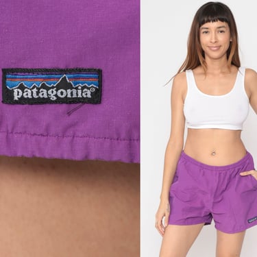 Purple Patagonia Shorts 00s Hiking Shorts Elastic Waist Hiking Shorts Sports Athletic Cotton Nylon Beach Shorts Y2K Vintage Medium 