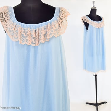 1960s Blue Nylon Nightgown | 60s Blue & Lace Nightgown | Berkliff | Large 