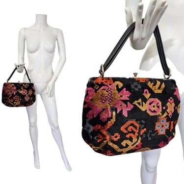 1960s Black Cut Chenille Floral Tapestry Print Handbag I Purse 