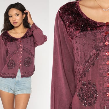 Indian Embroidered Blouse Y2K Sequined Floral Top Bohemian Hippie Long Sleeve Button Up Shirt Flowy Wine Purple Vintage 00s Medium Large 