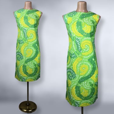 VINTAGE 60s Bold Green & Yellow Psychedelic Print Shift Dress by Fritzi of California 11/12 | 1960s Short Groovy Op-Art Dress | VFG 