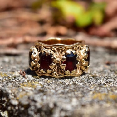 Etruscan-Style 14K Garnet Eternity Ring, Wide Bezel Set Yellow Gold Cigar Band Ring, Merlot Red Garnet, Size 5 1/4 US 