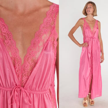 Pink Lace Nightgown 80s Lingerie Maxi Slip Dress Deep V Neck Empire Waist Sleeveless Romantic Intimate Loungewear Vintage 1980s Medium Large 