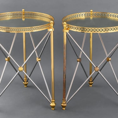 Jansen Style Steel & Brass Side Tables, Pair