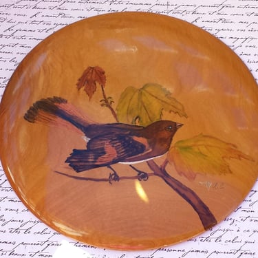 Myrtlewood Bird Plaque~Artist Signed Hand Painted Bird on a Limb~Vintage Wall Hanging Oregon~Exotic Wood~Bird Lover Gift~JewelsandMetals 